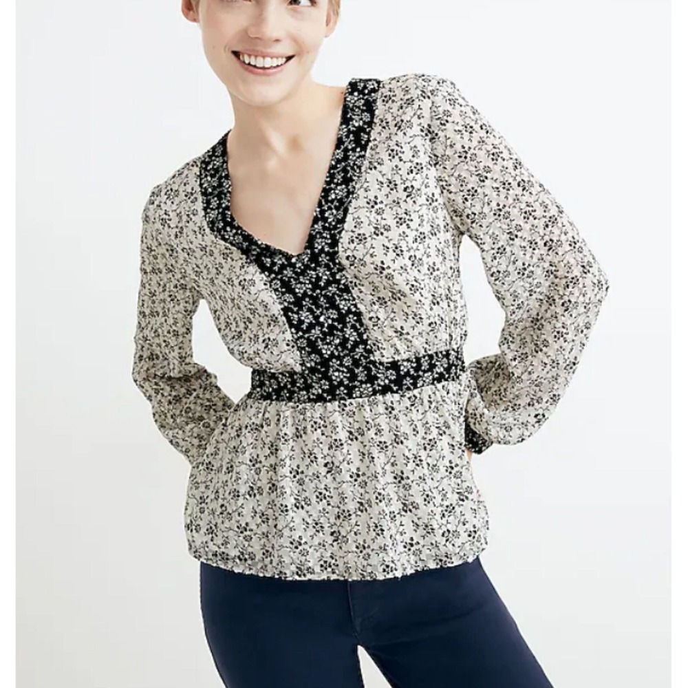 Madewell Floral Clipdot Peplum Top Womens Medium White Black V-Neck Long Sleeve